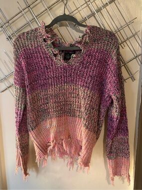 Cozy Frayed V-Neck Sweater in Pink Blend by Brandy Melville
